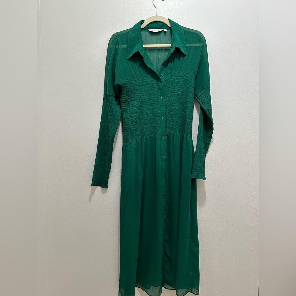 & Other Stories Green Long Sleeve Ruched Collared Dress Sz 8 EUC